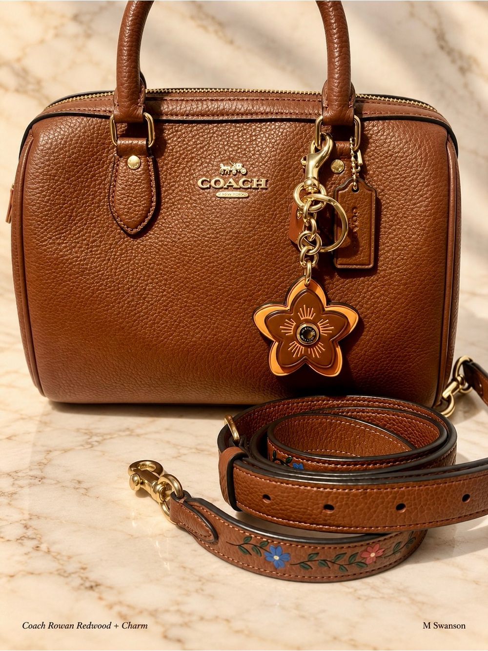 Coach Rowan Redwood Satchel CT841 Floral Strap + Leather Flower Charm Set NWOT